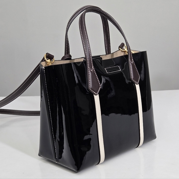 EXCELLENT TORY BURCH PERRY PATENT SMALL TRIPLE COMPARTMENT TOTE BAG - BLACK - Picture 8 of 11
